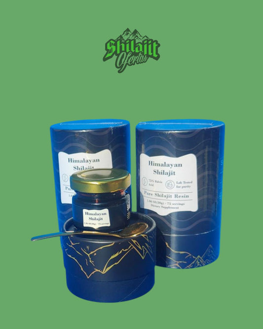 Resina Shilajit del Himalaya en un elegante embalaje que incluye un frasco y cajas decorativas.