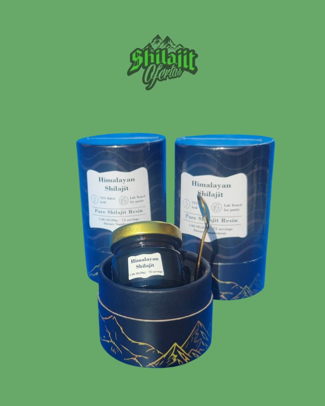 Resina de Shilajit pura en tarros azul, ideal para sibaritas y regalo, con cucharita dorada.