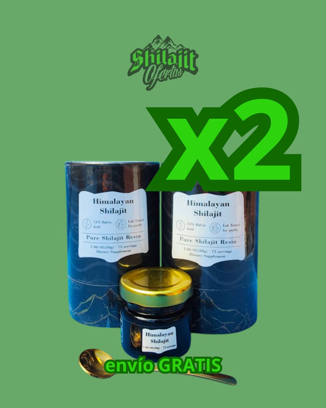 Pack de resina shilajit primera extracción x2, incluye tarros con tapa dorada y cucharita para su uso.